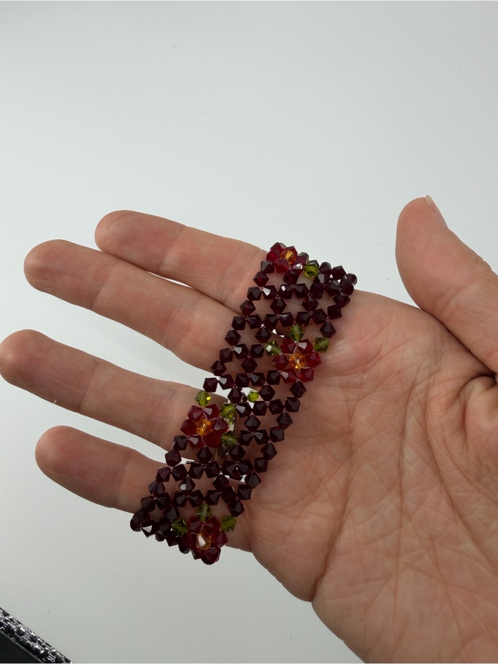 Vintage Handmade Crystal Bicone Bead Wide Cuff Bracelet Red Maroon Flower Clasp